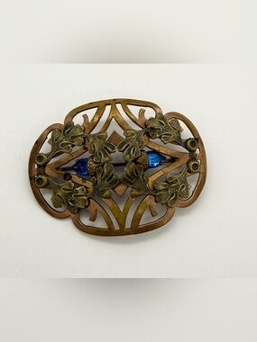 Antique Victorian Blue Czech Glass Rhinestone Gold Filled Floral Leaf Brooch Pin